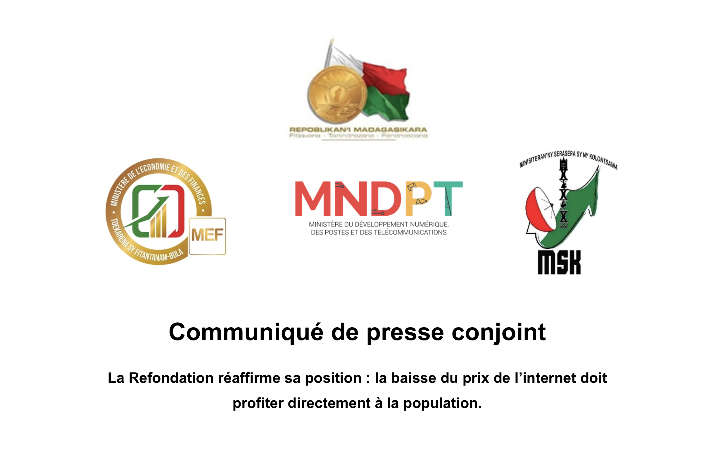 Communiqué de presse conjoint sur la baisse du prix de l'internet